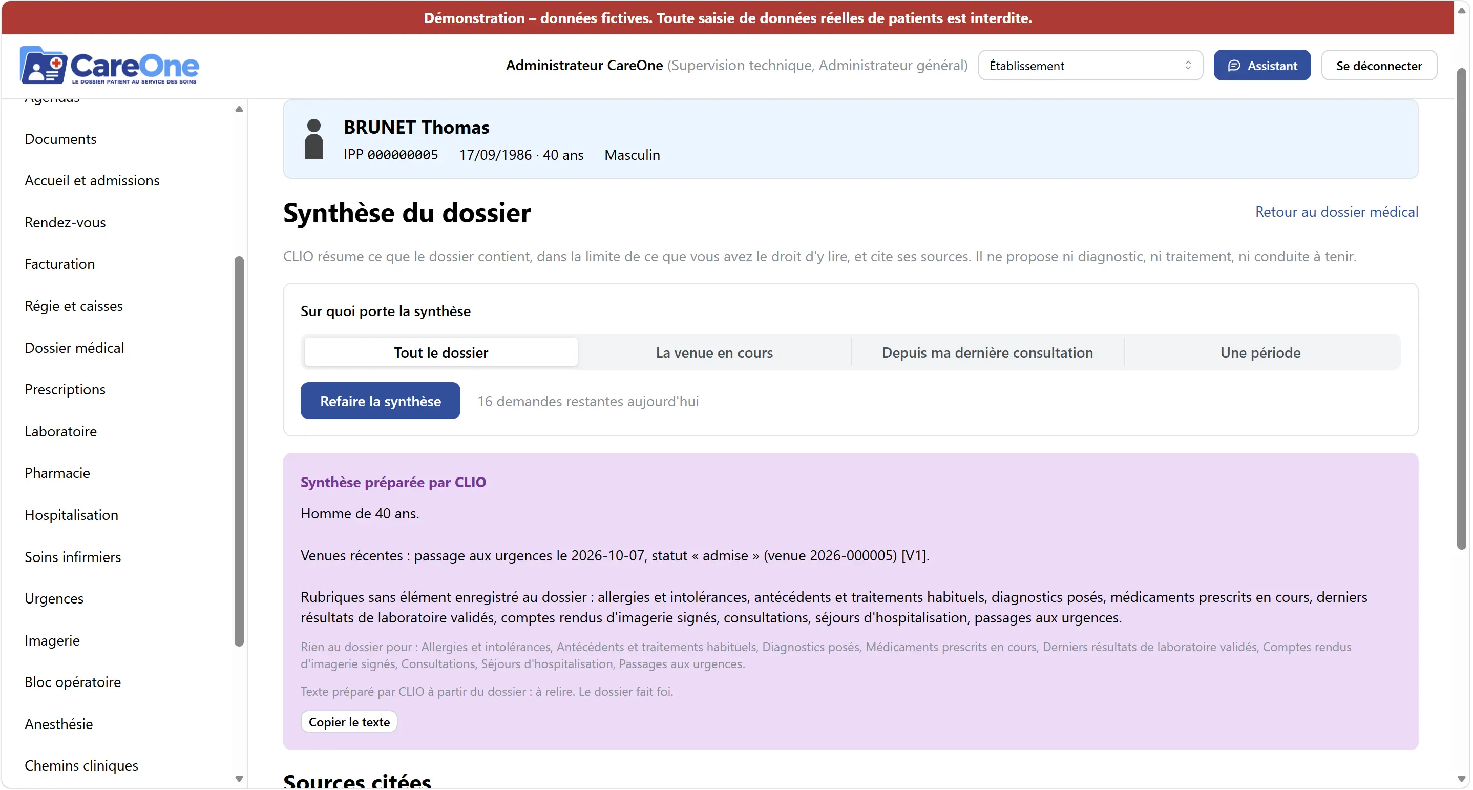 Écran « Synthèse du dossier » : la synthèse préparée par CLIO pour un patient fictif, avec la mention qu’elle est à relire et que le dossier fait foi.