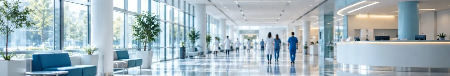 Hall d’accueil lumineux d’un hôpital, avec des soignants qui le traversent.