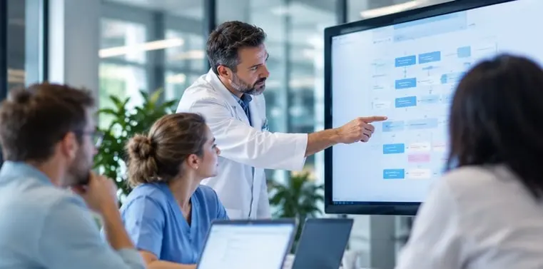 Réunion de travail devant un grand écran qui affiche un schéma de flux.